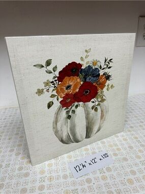 Floral Pumpkin Canvas Art - Red, Orange, Blue Bouquet